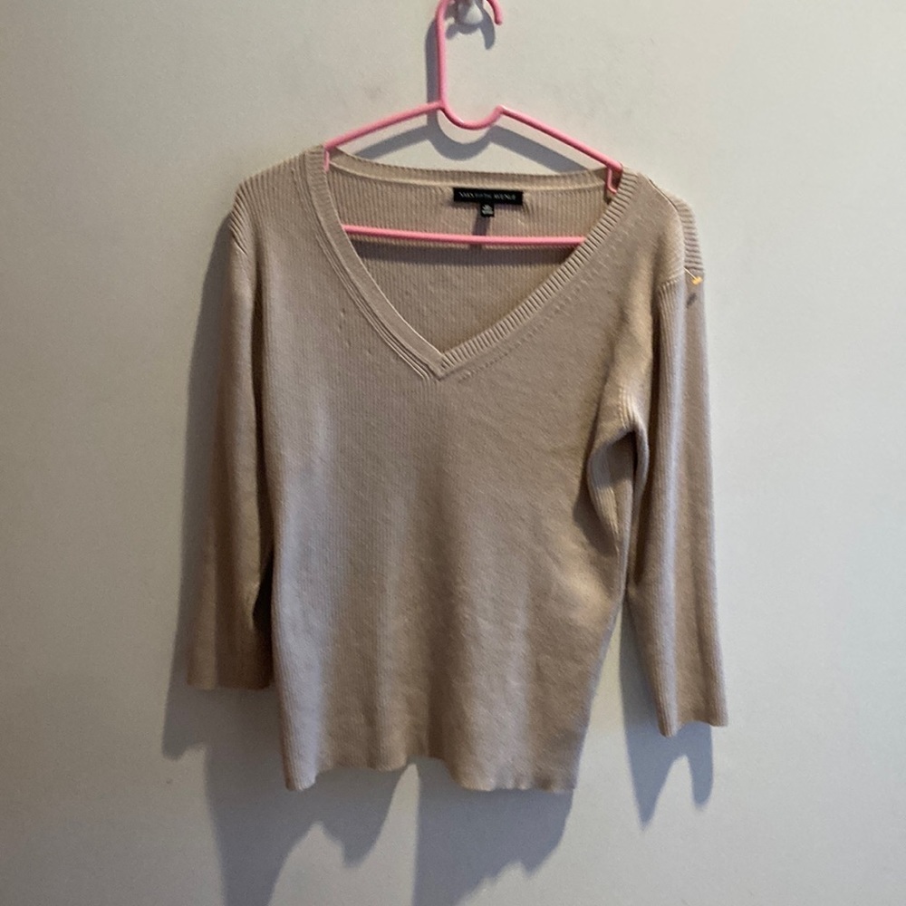 Saks Fifth Avenue Tan V-Neck Sweater Knit Elegance